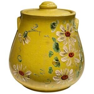Vintage Ransburg Pottery Yellow Cookie Jar Hand Painted Floral Daisies w/ Lid